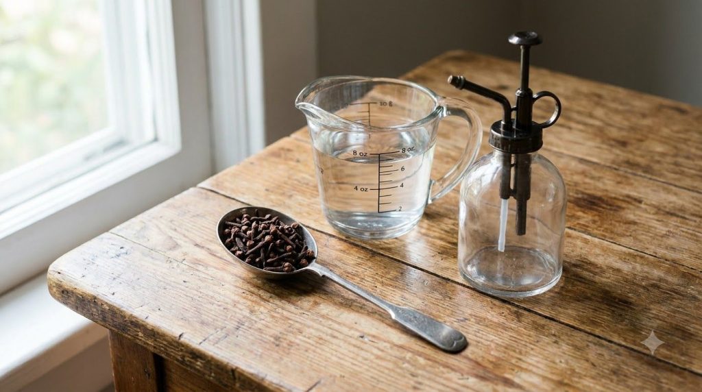 Ingredients for clove toner a tablespoon of whole cloves a cup of distilled water and an empty spray bottle on a natural