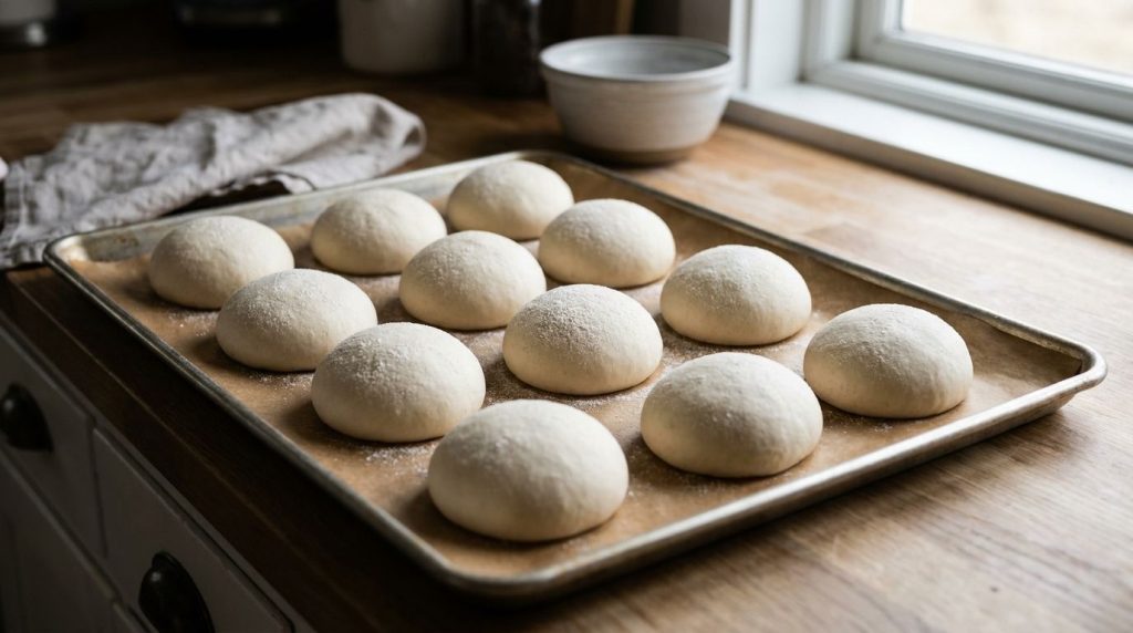 Uniformly shaped dough balls arranged on a parchment-lined baking sheet