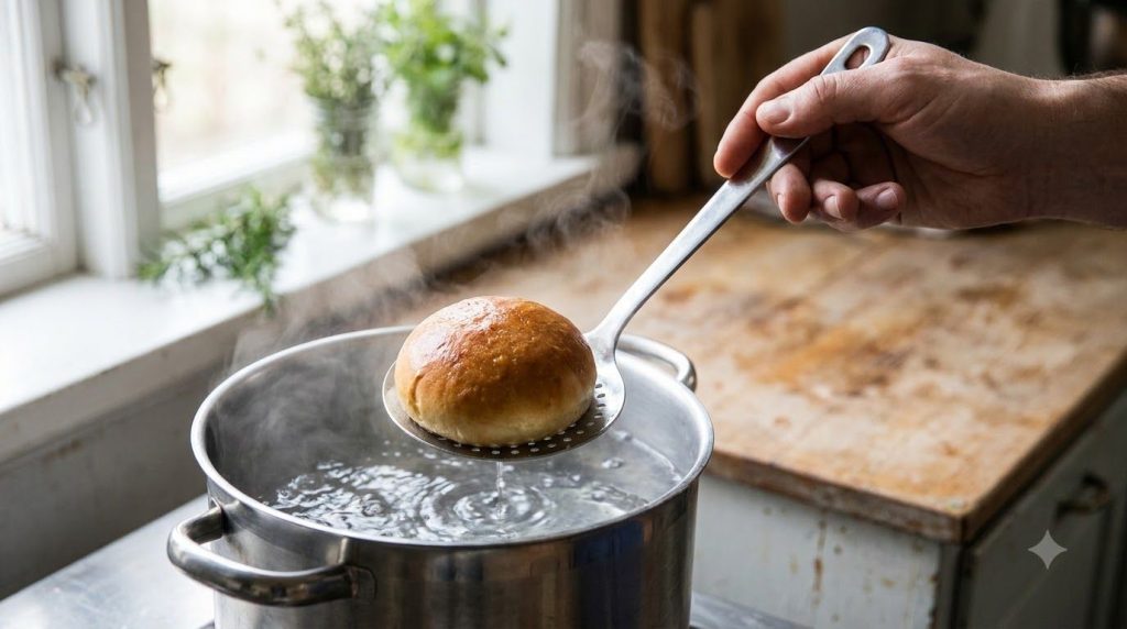 A partially boiled bun being lifted from boiling water with a slotted spoon