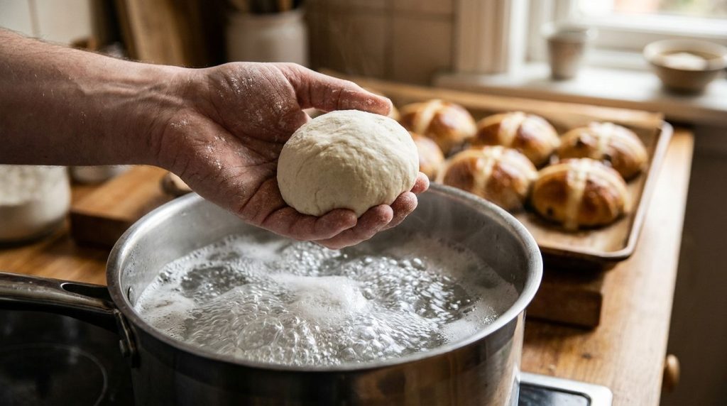 A close-up shot of a hand holding a spherical piece of raw dough just above a pot of actively boiling water The composit
