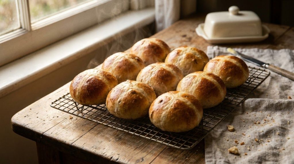 Golden brown homemade boiled buns cooling on a wire rack some with a faint cross pattern