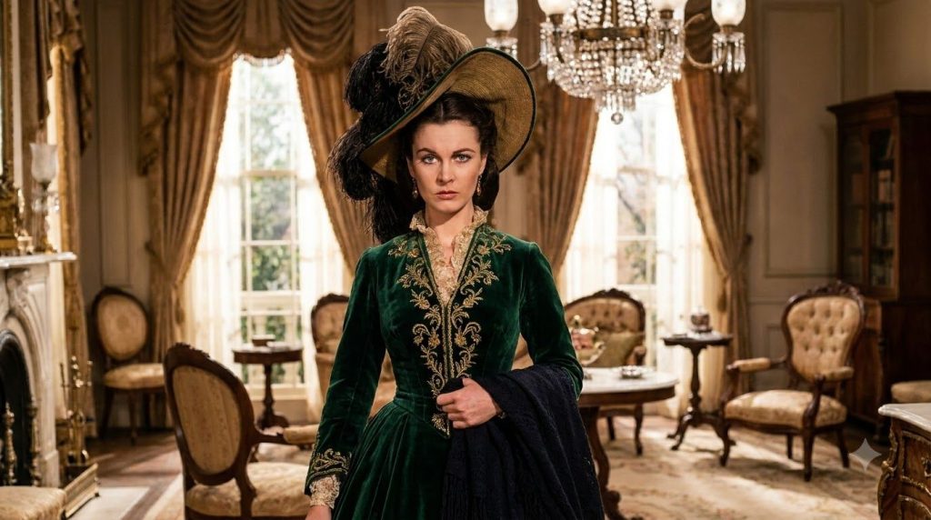 Vivien Leigh as Scarlett O Hara in a colorful gown from Gone With the Wind looking dramatic and determined