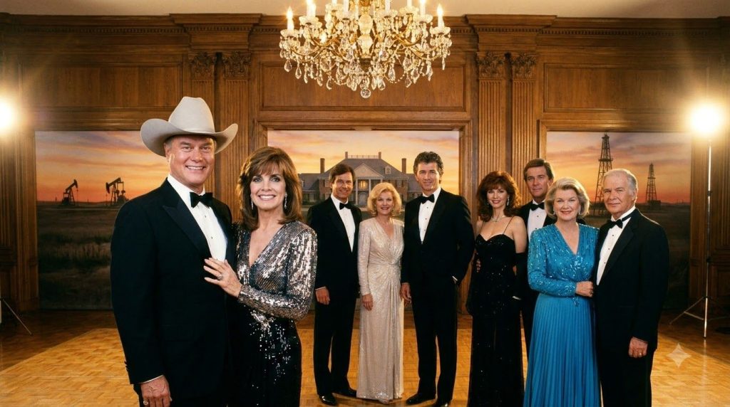 A promotional still of the main cast of the TV show Dallas featuring Larry Hagman as J R Ewing and Linda Gray as Sue Ell