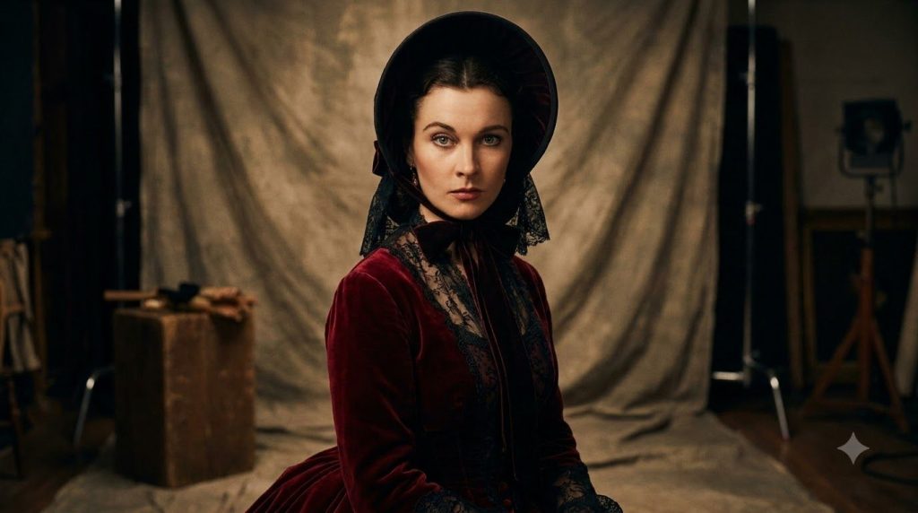 Vivien Leigh in a famous publicity shot from Gone with the Wind wearing a period costume