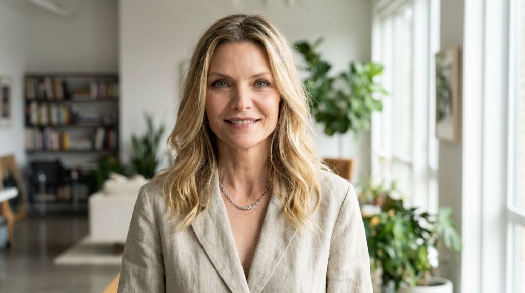 A vibrant portrait of Michelle Pfeiffer in a more recent setting smiling warmly showcasing her enduring elegance and bea