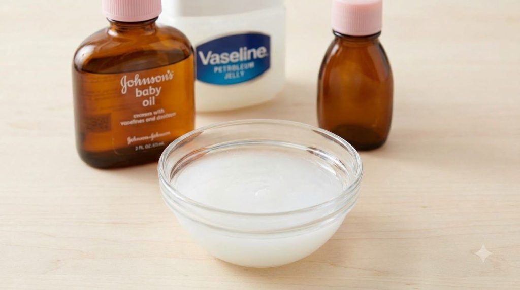 A small bowl containing a mixture of Vaseline and baby oil with a bottle of baby oil and a jar of Vaseline in the backgr