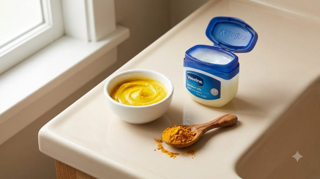 A small bowl with a yellow Vaseline and turmeric mixture next to a spoonful of turmeric powder and a jar of Vaseline on 
