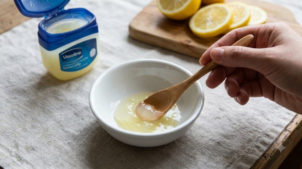 A small bowl with Vaseline and a few drops of lemon juice being mixed with a sliced lemon and a jar of Vaseline nearby o