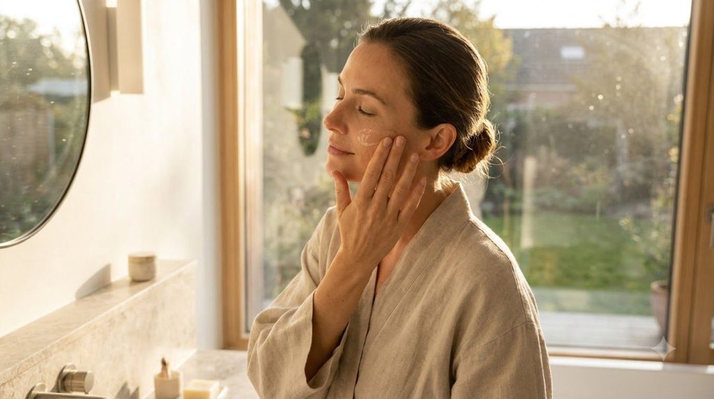 A woman gently applying a clear gel to her face focusing on her cheek with a soft natural glow on her skin Her eyes are 