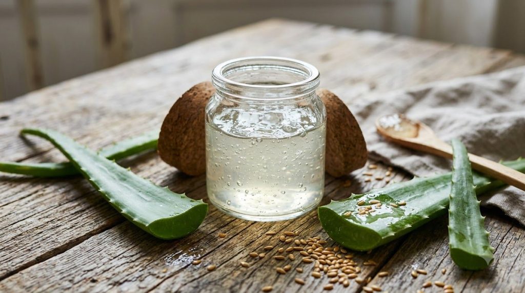 A close-up of a homemade flaxseed and aloe vera gel in a small glass jar with fresh aloe vera leaves and flax seeds scat