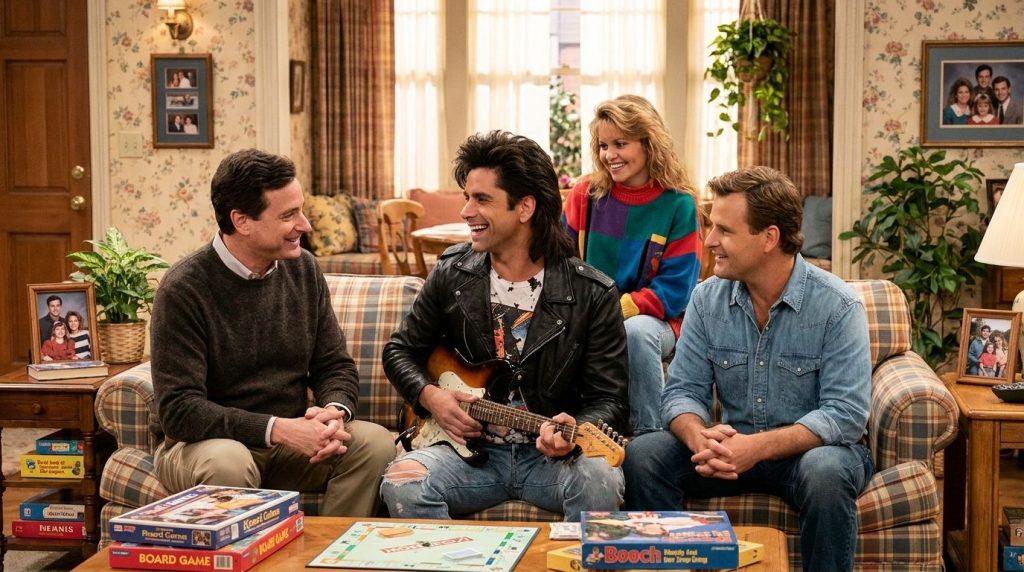 A younger John Stamos in character as Uncle Jesse from Full House perhaps playing a guitar or interacting with the Olsen