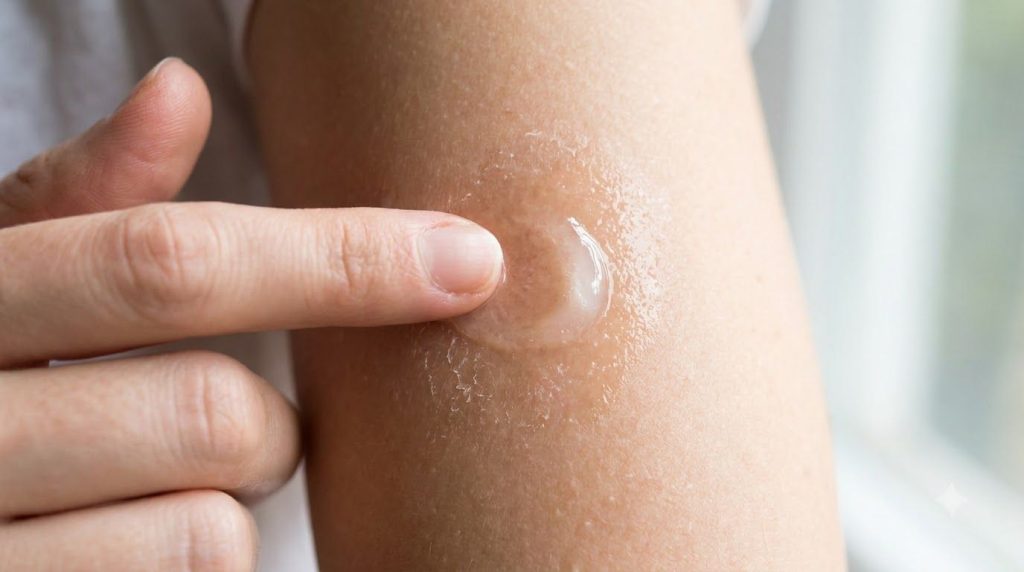 A close-up of a hand applying a mixture of Vaseline and baby oil to a dry patch of skin emphasizing deep hydration