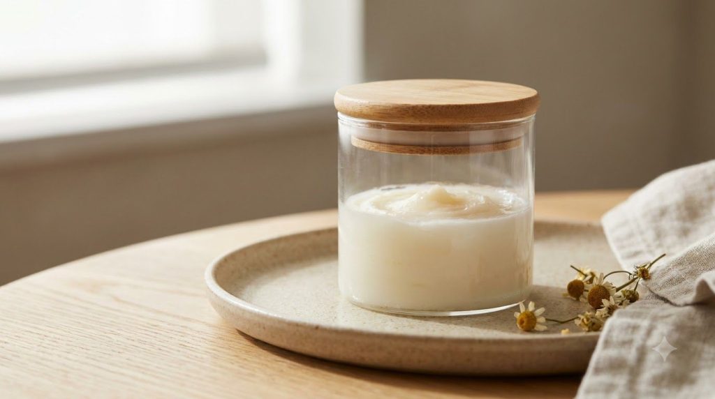 A small glass jar filled with a creamy white homemade Vaseline and baby oil mixture placed on a smooth light-colored sur