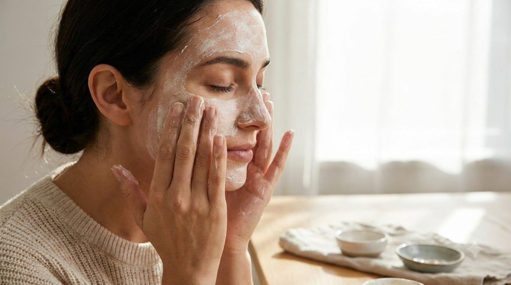 A woman s hands gently applying a DIY face mask possibly the Vaseline and whipped cream mix with a serene expression