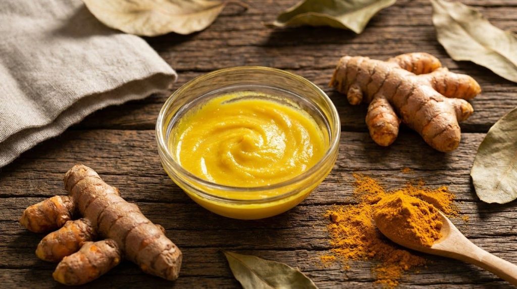 A small glass bowl containing a vibrant yellow turmeric and Vaseline mixture with fresh turmeric roots and powder scatte