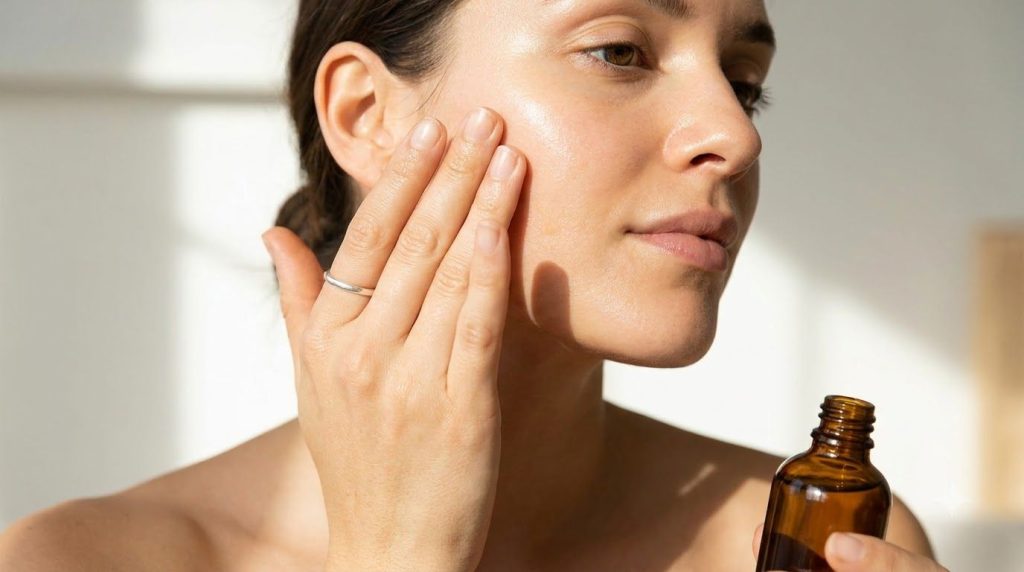 A hand gently massaging golden facial oil onto a clean bare face highlighting the smooth texture of the skin
