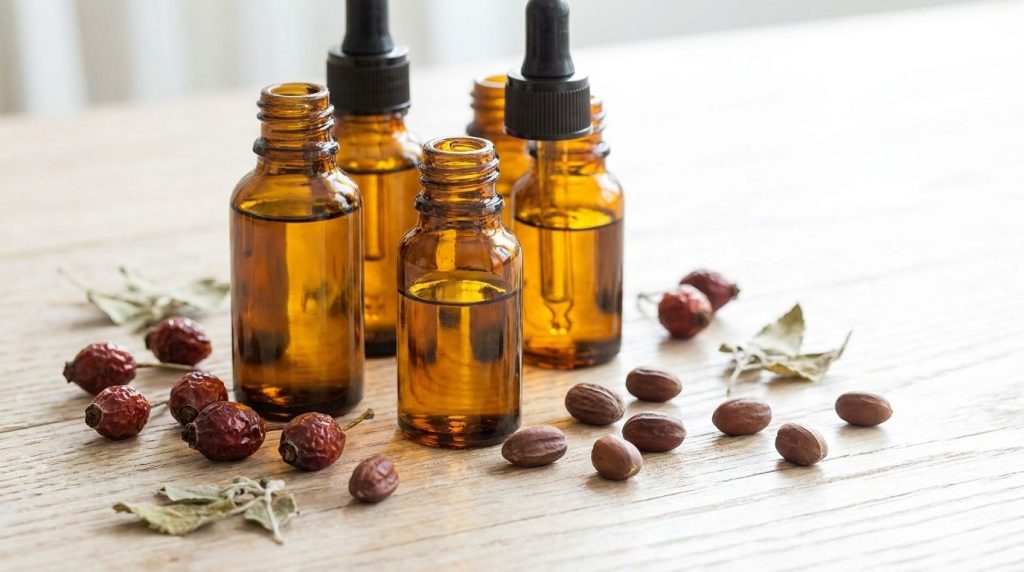 Close-up of small glass dropper bottles filled with golden oil with various natural ingredients like rosehips and jojoba