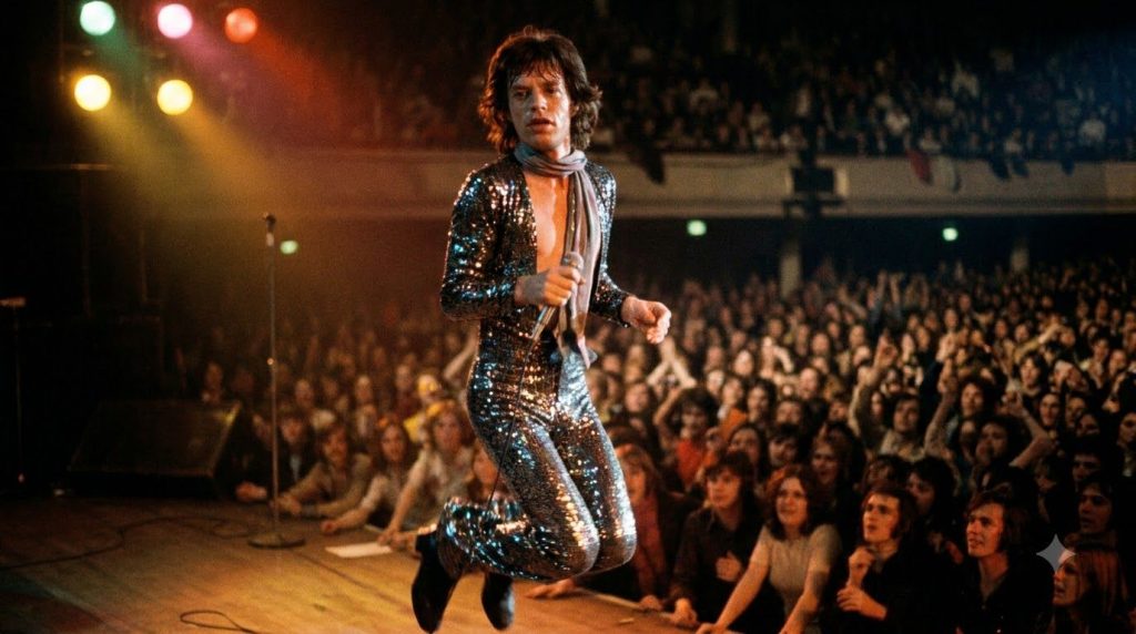 A vibrant photograph of Mick Jagger performing on stage exuding his famous energy and charisma