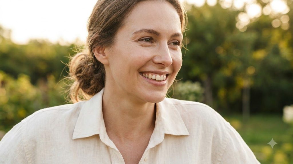 A person s face with visibly glowing smooth skin perhaps subtly enhanced by the Vitamin E and Vaseline blend The person 