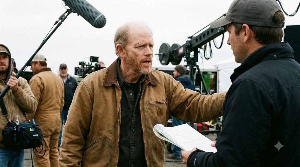 Ron Howard as a mature director on a film set looking focused and giving instructions