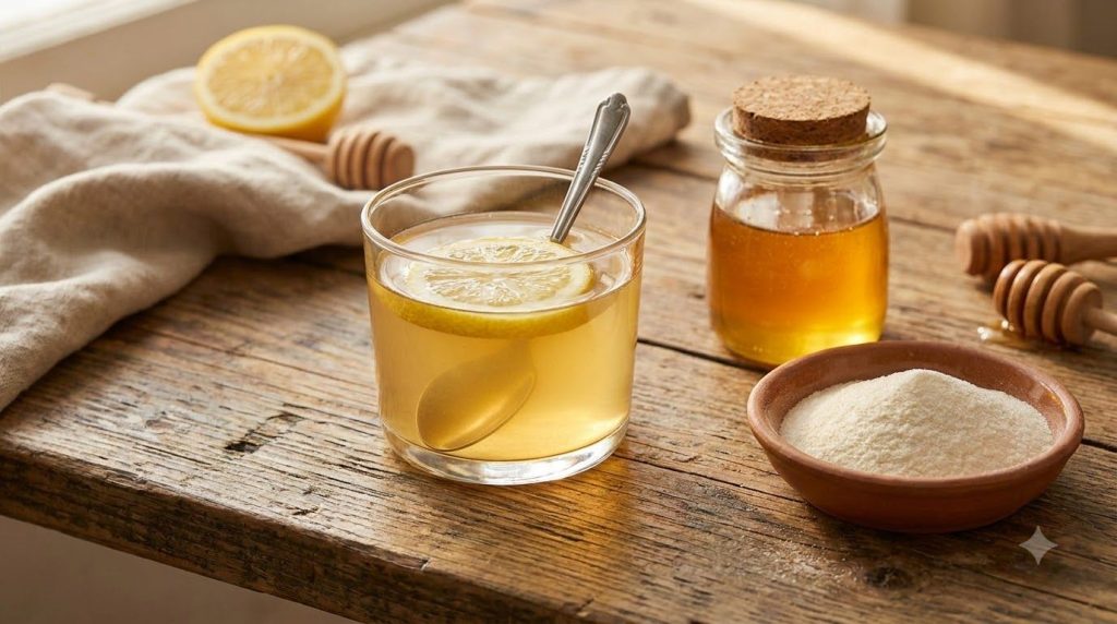 A clear glass with a golden-yellow liquid garnished with a lemon slice and a spoon on a wooden table next to a jar of ho