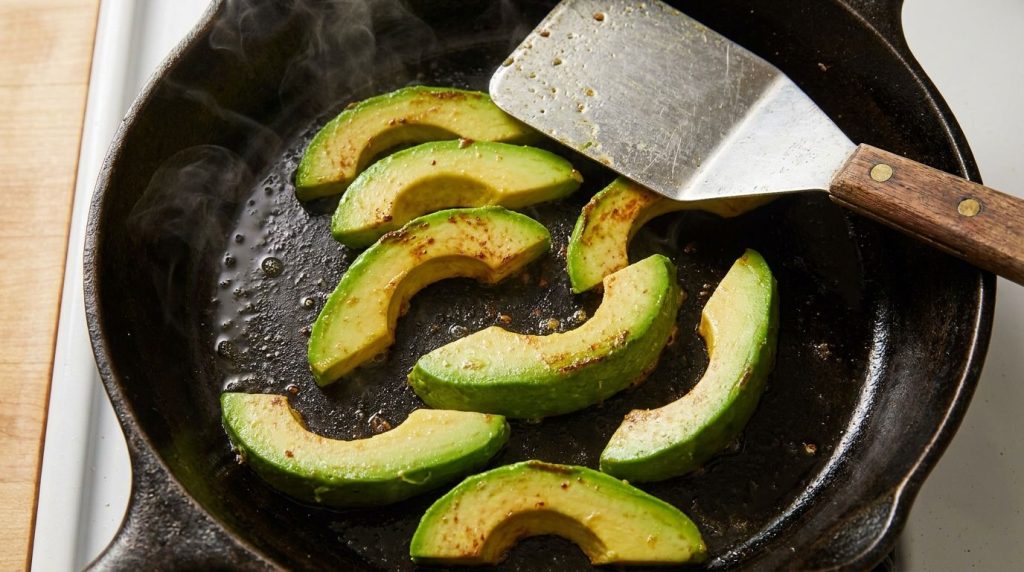 Avocado slices sizzling and turning golden brown in a hot frying pan with a spatula nearby