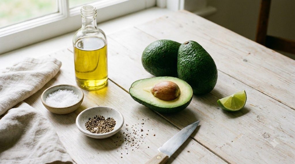 A collection of ingredients for pan-seared avocado including ripe avocados a bottle of olive oil salt pepper and an opti