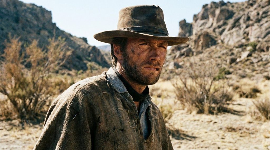 Clint Eastwood in his Man with No Name poncho and hat squinting intensely from the Dollars Trilogy