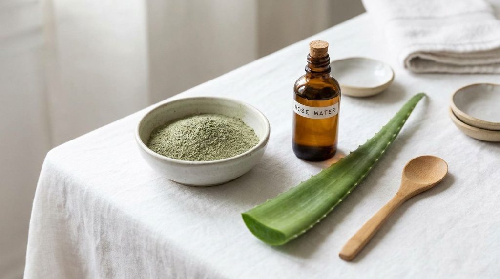 Various natural ingredients for a DIY face mask laid out neatly green clay powder in a small bowl a bottle of rose water