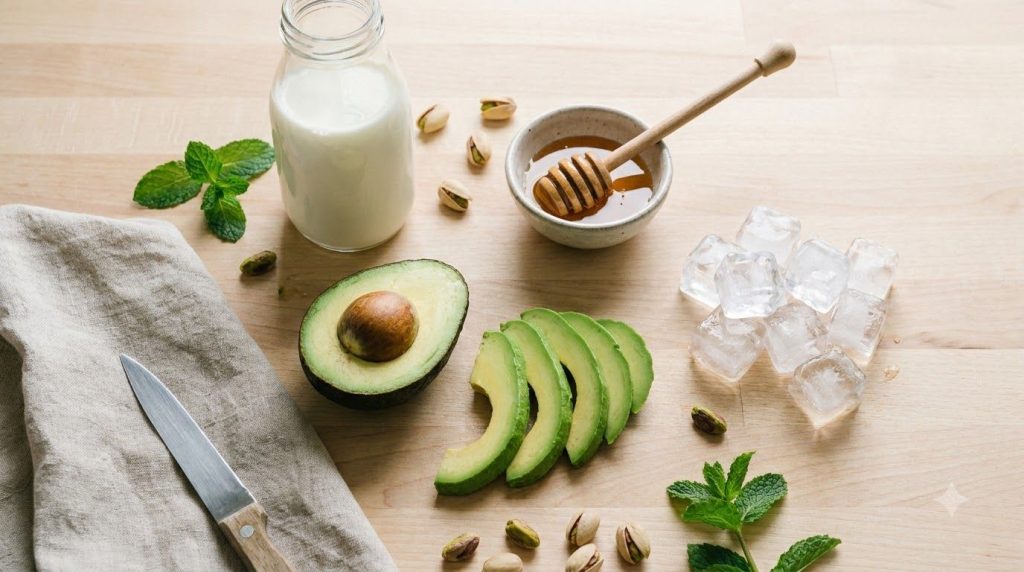 All ingredients for the avocado smoothie avocado halves milk sweetener ice arranged neatly on a counter before blending