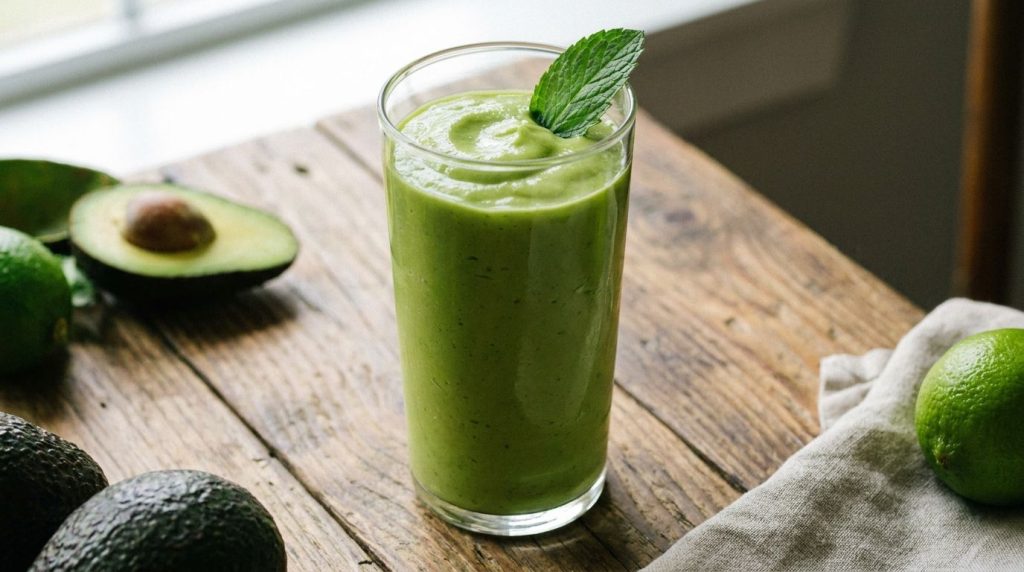A tall glass of creamy green avocado smoothie garnished with a mint leaf on a wooden table