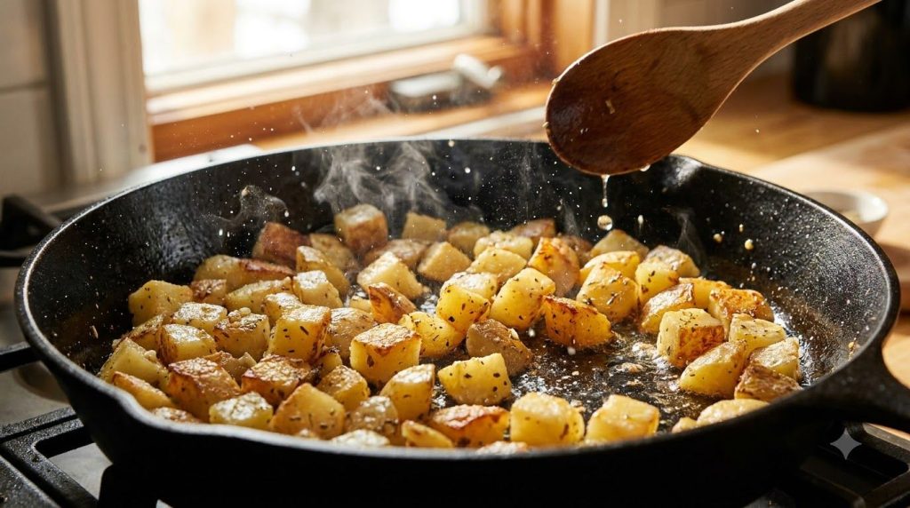 Diced potatoes sizzling in a black skillet turning golden brown