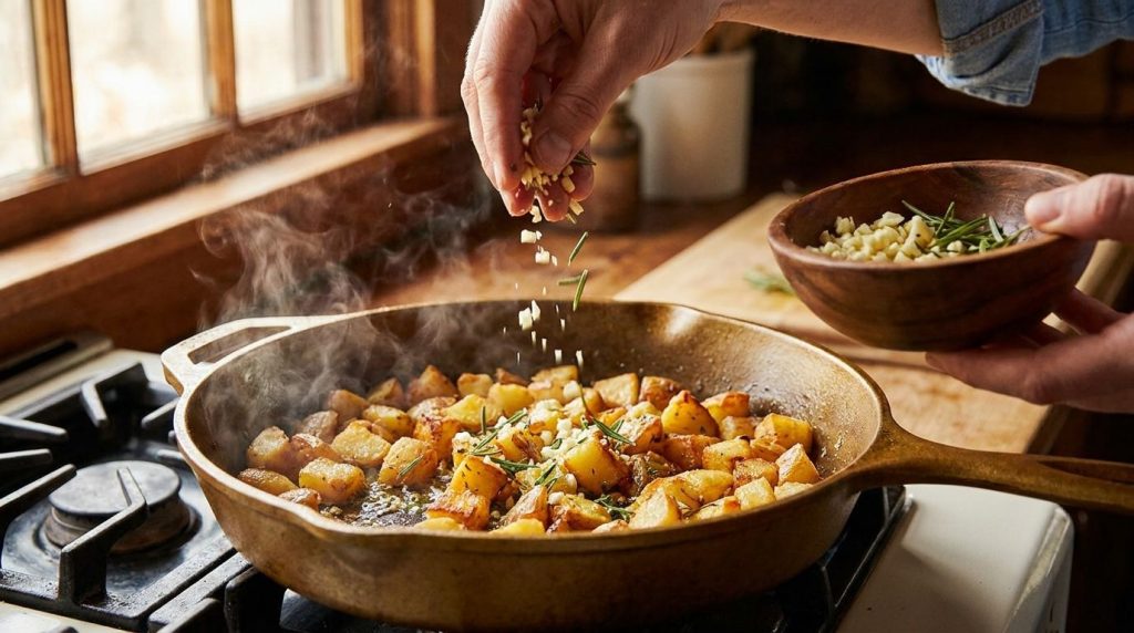 Minced garlic and fresh rosemary sprigs being added to browning pan-fried potatoes in a skillet