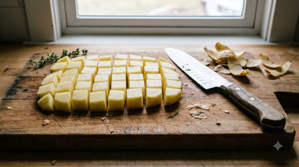 Evenly diced raw potatoes on a wooden cutting board ready for frying