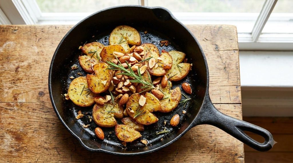 Crispy pan-fried rosemary garlic potatoes with toasted almonds served directly in the skillet garnished with fresh rosem