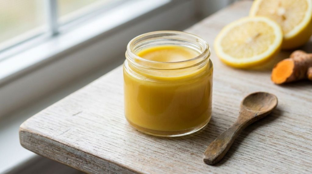 A small clean glass jar filled with a golden yellow homemade brightening cream ready for use The cream looks smooth and 