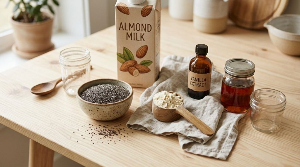 Various raw ingredients for making chia pudding including chia seeds plant-based milk protein powder vanilla extract and