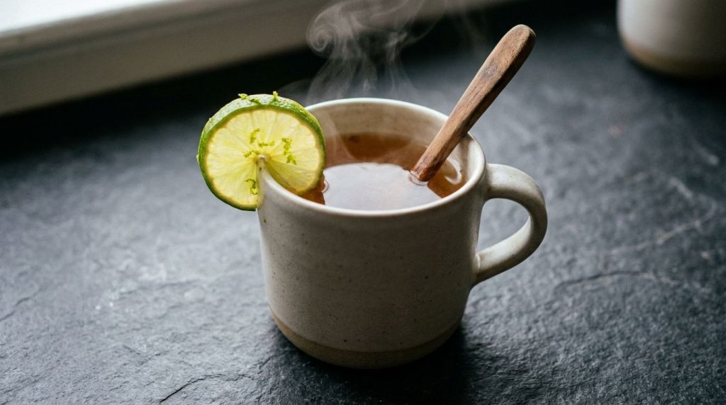 A close-up of a warm drink in a simple ceramic mug with a slice of fresh lime on the rim and a spoon stirring suggesting