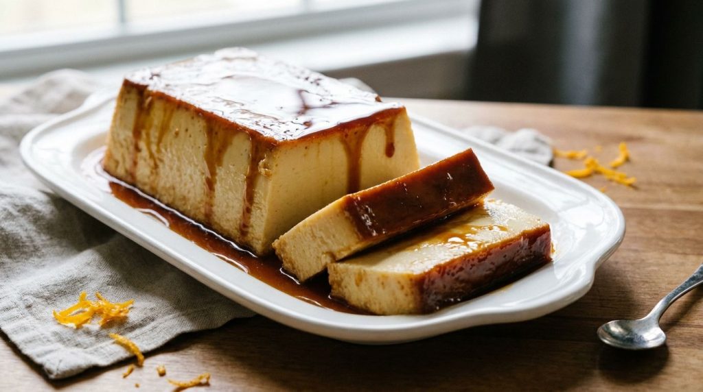 A perfectly unmolded and sliced flan loaf on a white serving platter glistening with caramel sauce