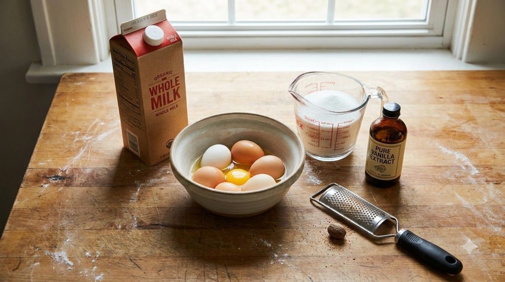Ingredients for a classic baked custard laid out on a kitchen counter milk eggs sugar and vanilla extract