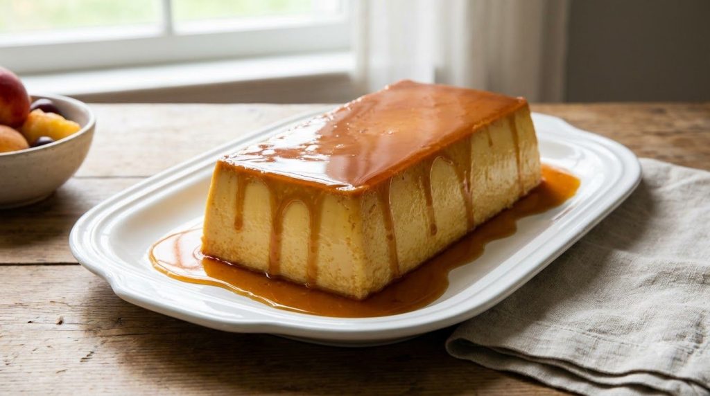 A freshly baked flan loaf inverted onto a white serving platter with a glistening golden caramel sauce pooling around it