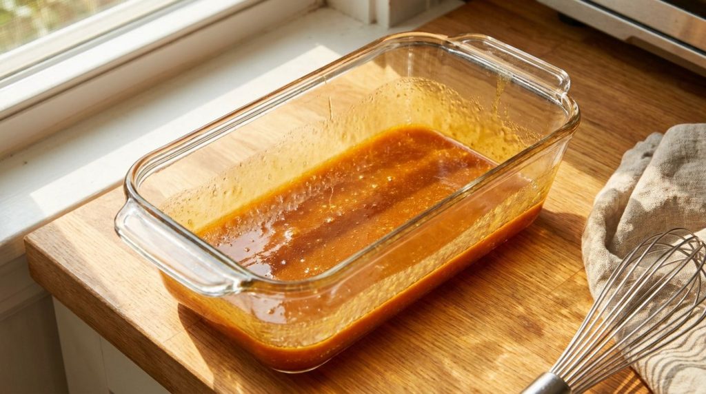 A clear glass loaf pan with freshly poured golden amber caramel coating the bottom The caramel is smooth and even
