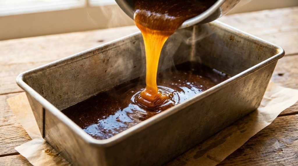 Close-up of golden amber caramel being poured into a loaf pan coating the bottom evenly