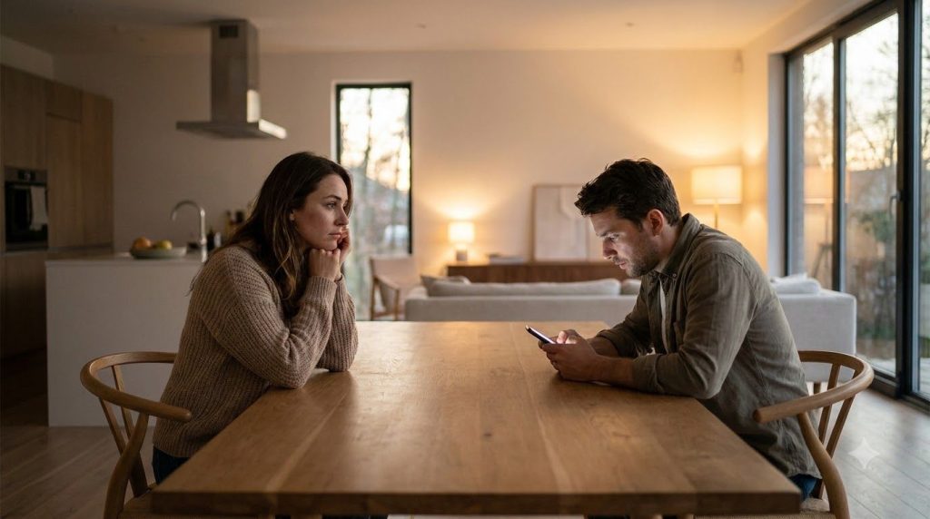 A woman sits alone at a dining table looking thoughtful and distant while a man in the background is engrossed in his ph