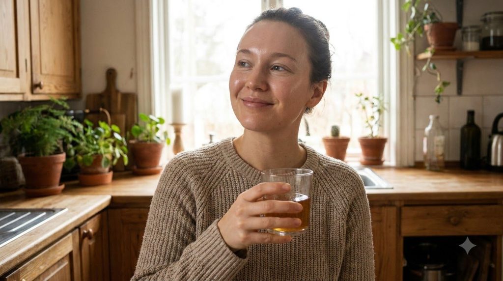A person smiling gently showcasing clear radiant and hydrated skin with a natural glow possibly holding a glass of the e