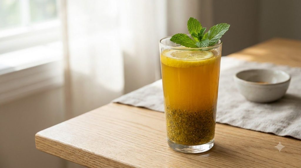 A beautifully styled glass of golden turmeric and chia seed elixir on a light wooden table garnished with a lemon slice