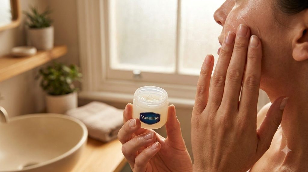 A person gently applying a thin layer of Vaseline over baby oil on their face showcasing a simple skincare routine for o