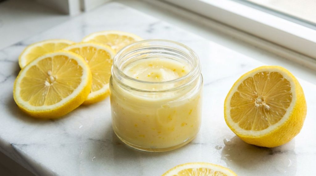 A close-up of a small glass jar containing a mixture of Vaseline and lemon with fresh lemon slices and a lemon half plac