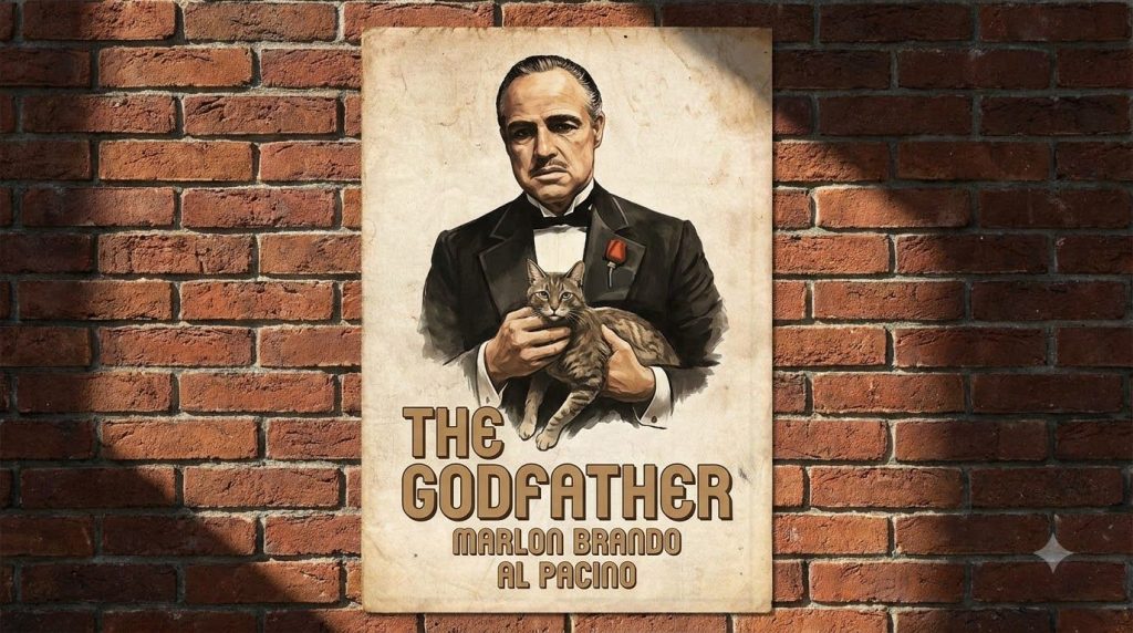 A real movie poster for The Godfather featuring Marlon Brando s character Vito Corleone