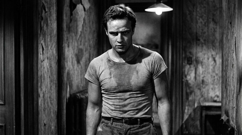 A black and white still from the film A Streetcar Named Desire featuring Marlon Brando as Stanley Kowalski